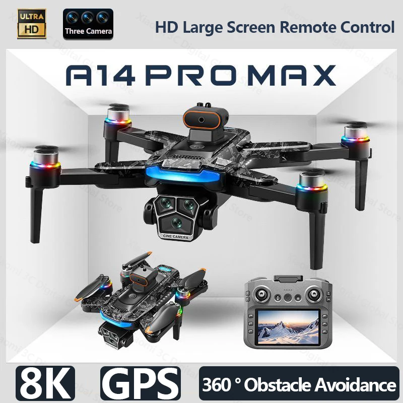 Xiaomi A14 ProMax Drone Bürstenlosen Motor 8K HD Drei Kamera GPS Optischen Fluss Hindernis Vermeidung Faltbare Quadcopter Drone Spielzeug