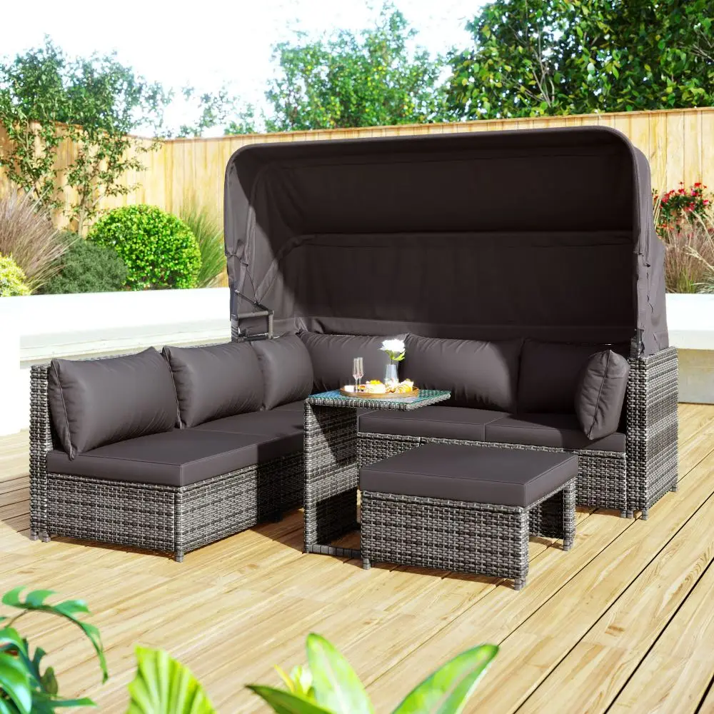 Rattan-Sonneninsel-Sitzgruppe, Sofa mit Sonnendach, Hocker, Sessel und Tisch, Gartenmöbel für den Außenbereich, wetterfest.