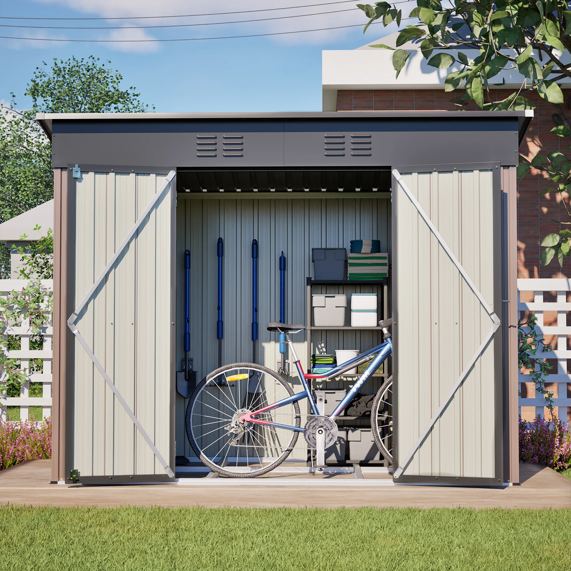 Abri de jardin en métal 8x4 pieds avec sol en métal robuste, abri de jardin résistant aux intempéries pour jardin et terrasse, maison de jardin spacieuse