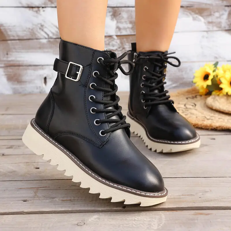 Vintage-Stiefeletten mit Metallgürtelschnalle und dickem Boden für Damen, 2025, Winter, seitlicher Reißverschluss, Leder, kurze Stiefel, rutschfeste Wanderschuhe für Damen