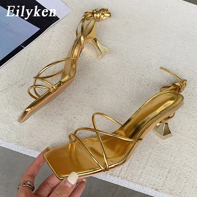 Eilyken Mode Gold Silber Sandalen Dünne Niedrigen Absatz Lace Up Rom Sommer Gladiator Frauen Casual Schmale Band Schuhe