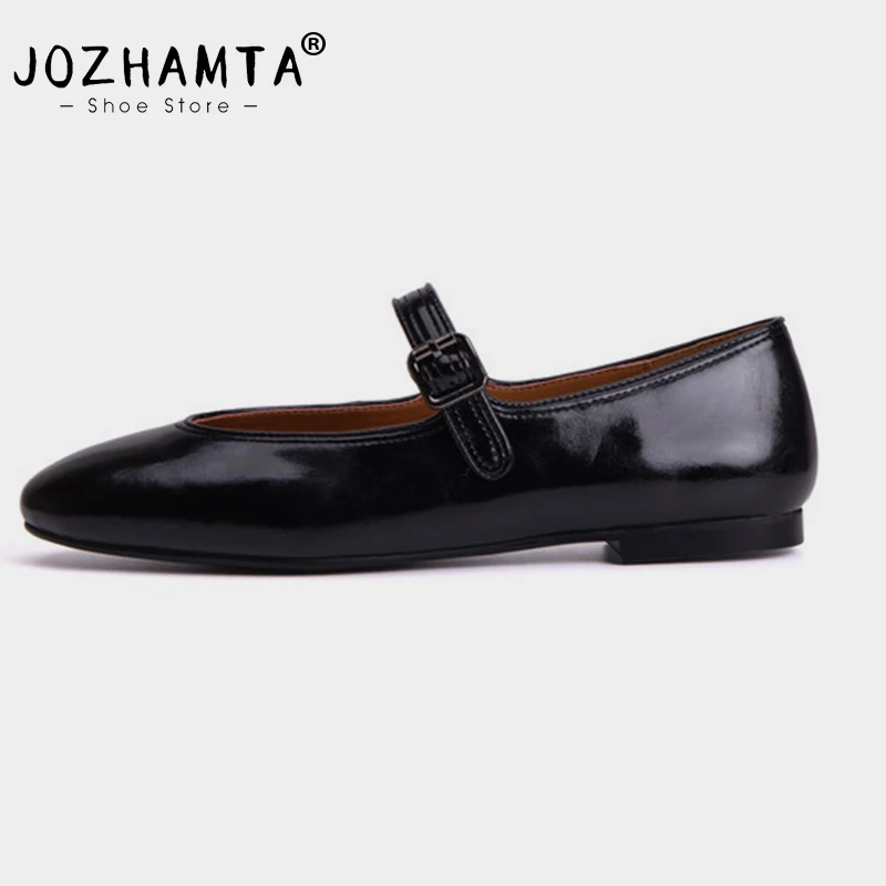 JOZHAMTA Size 33-42 Women Ballet Flats Shoes Real Leather Buckle Strap Casual Loafers Low Heels Luxury Mary Janes Office Lady