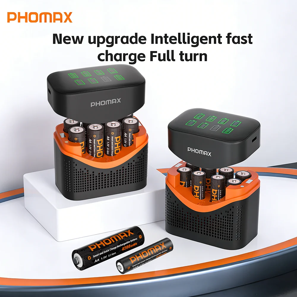 PHOMAX Wiederaufladbare Batterie & Schnellladegerät, langlebige 1,5V AA 4200mWh/AAA1110mWh Lithium-Batterien für Spielzeugfernbedienungen und den täglichen Gebrauch. Image