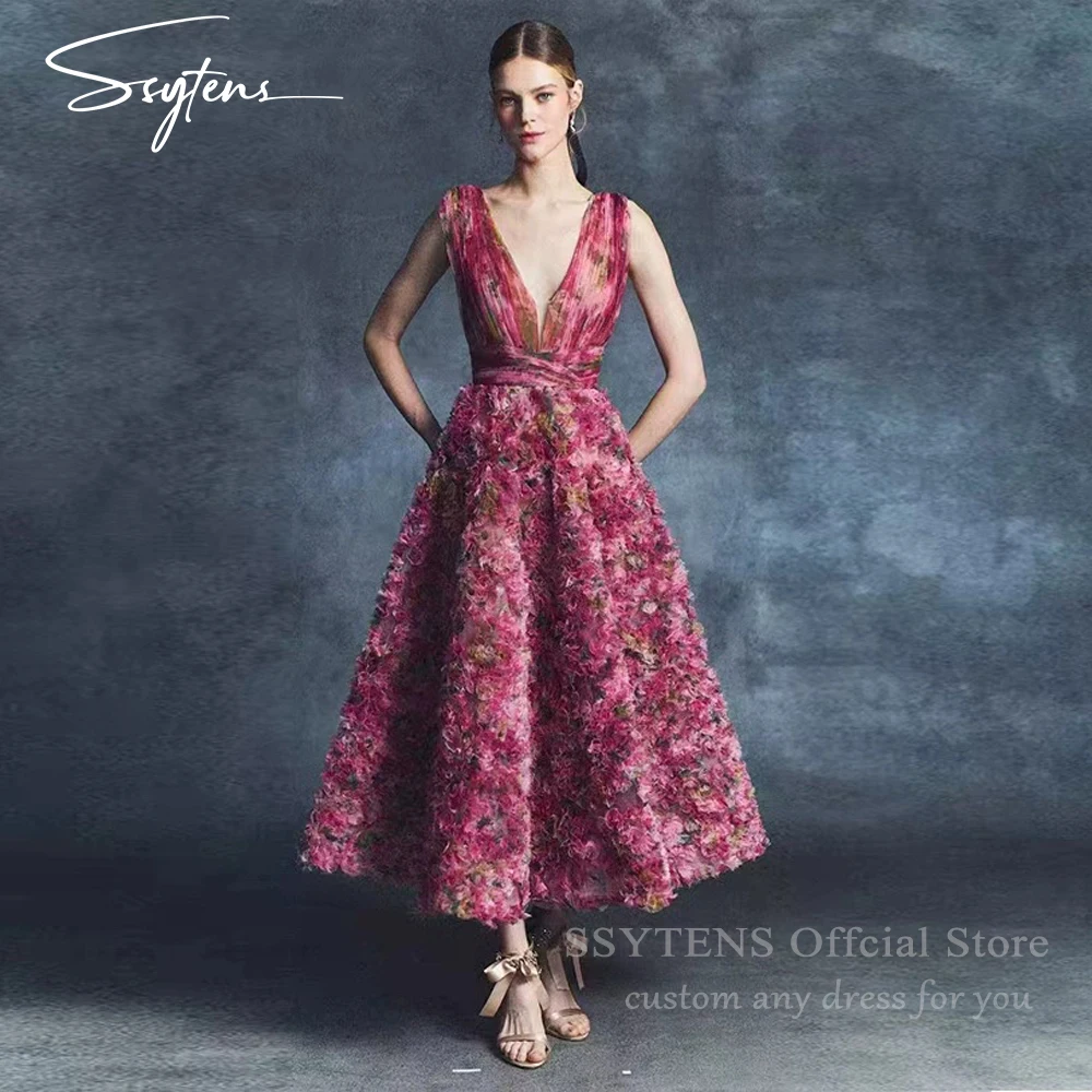 SSYTENS Luxus Rosa Hochzeit Party Kleid 3D Blumen Tiered Midi Prom Kleider Tiefem V-ausschnitt Tee Länge Gala Abendkleider Angepasst Image