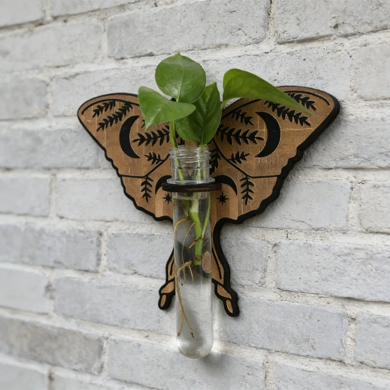 Schmetterlings-Wandpflanzgefäß-Set mit Reagenzglas-Blumentöpfen für Hydrokultur im Innenbereich, Hängende Holz-Gartendekoration, Pflanzenhalter-Display Image