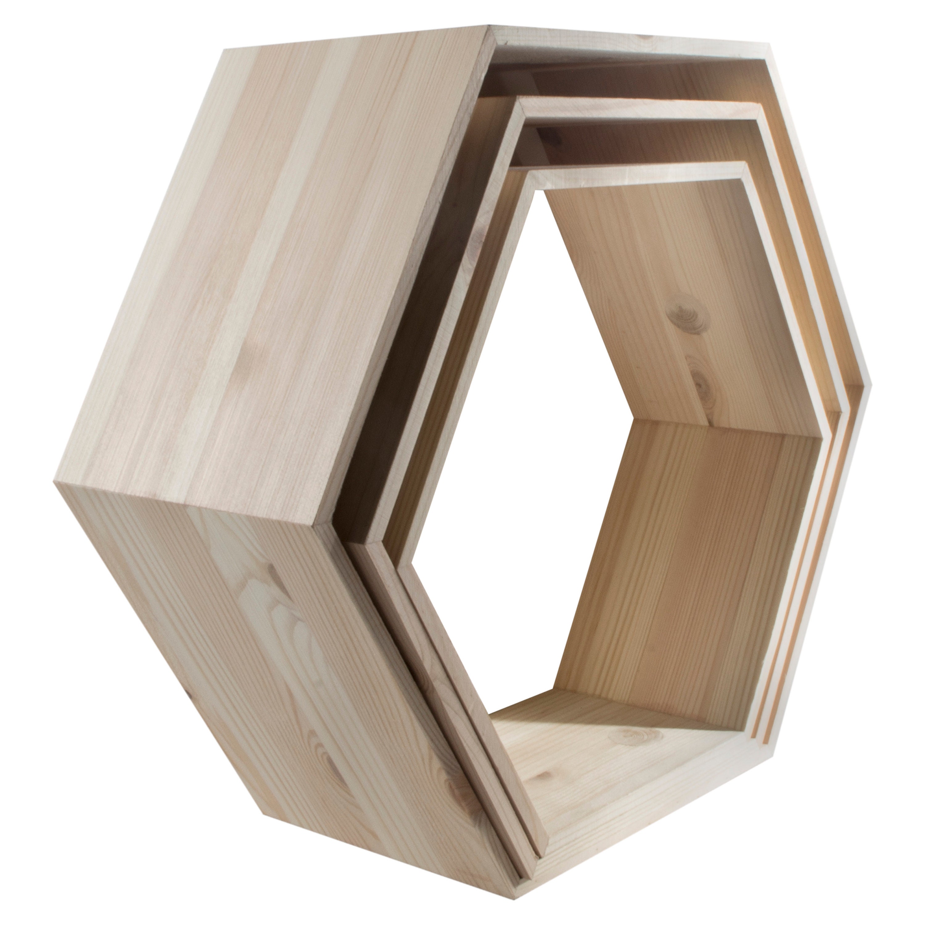 Nido di 3 mensole esagonali in legno con sfondo bianco / Unità decorativa sospesa a parete in stile nordico a nido d'ape / Pino semplice