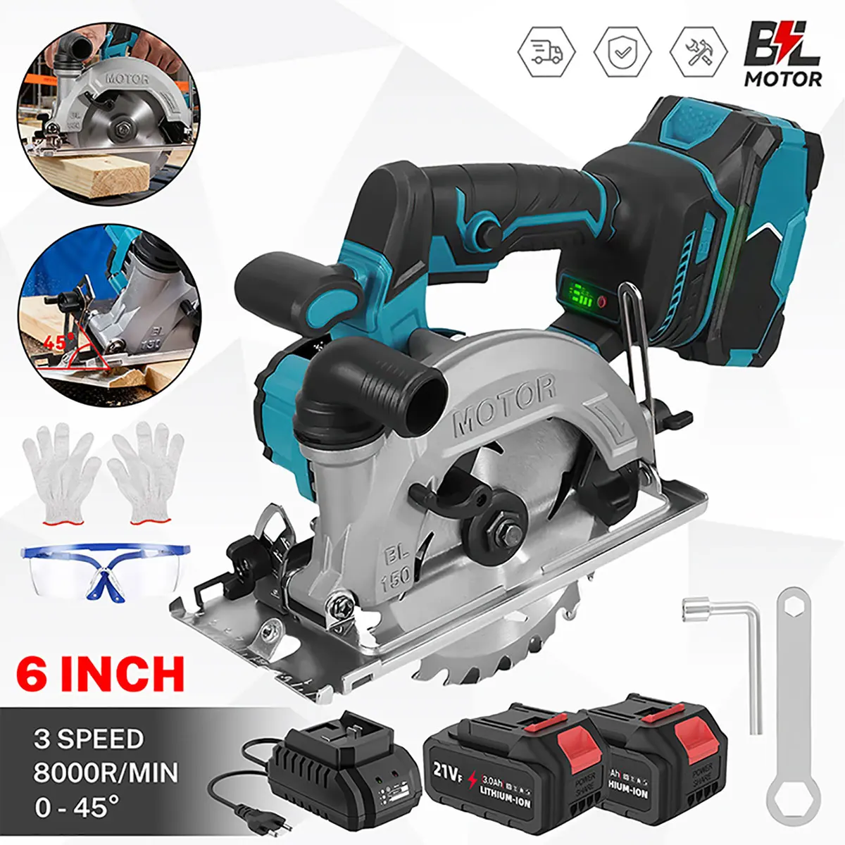 Scies circulaires électriques sans fil de 6 pouces, outil de coupe sans fil, outils de travail du bois portatifs pour batterie Makita 21V, outil électrique