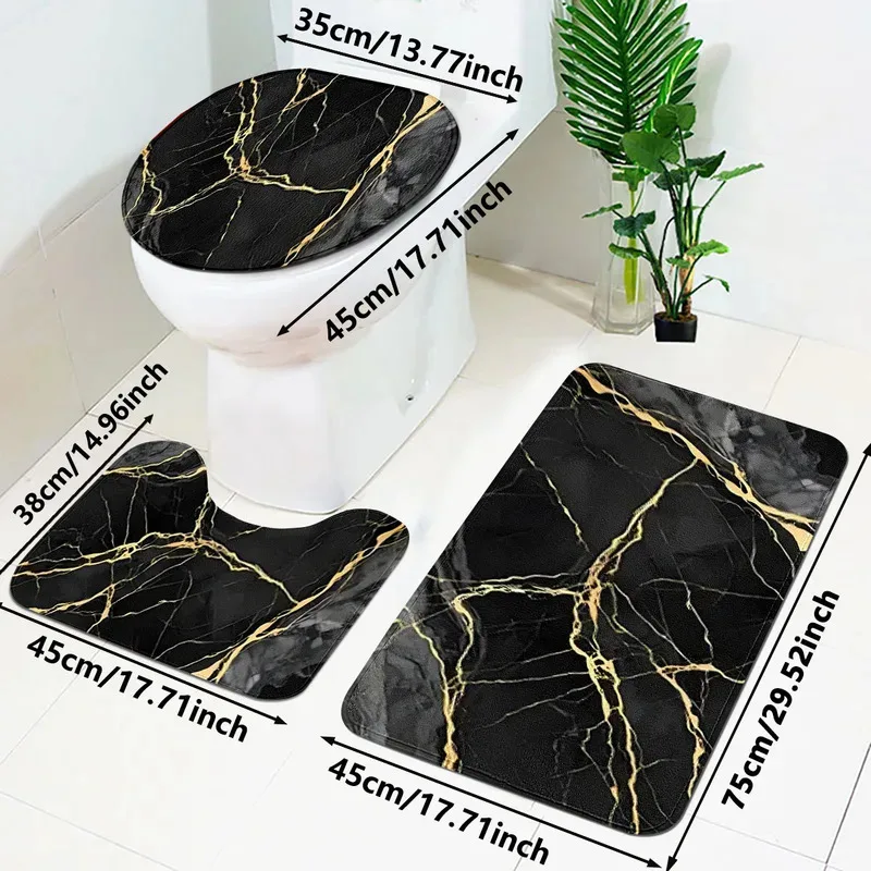 Ensemble de tapis de bain en marbre avec fil doré VIKAMA, 3 pièces, tapis de salle de bain luxueux antidérapant et absorbant, tapis de sol pour salle de bain et toilettes