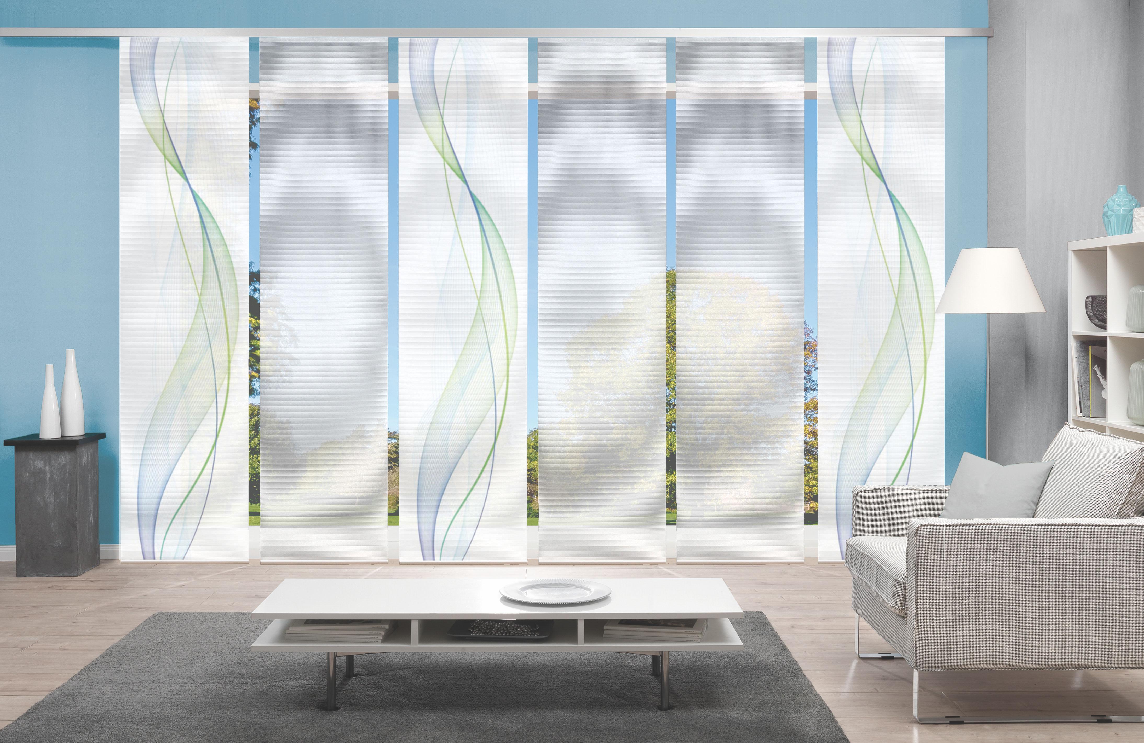 Schiebegardine VISION S "6ER SET HEIGHTS" Gr. 1, blau (blau, grün), B:60cm H:260cm, Polyester, Gardinen, HxB: 260x60, Schiebevorhang 6er Set Digitaldruck Image