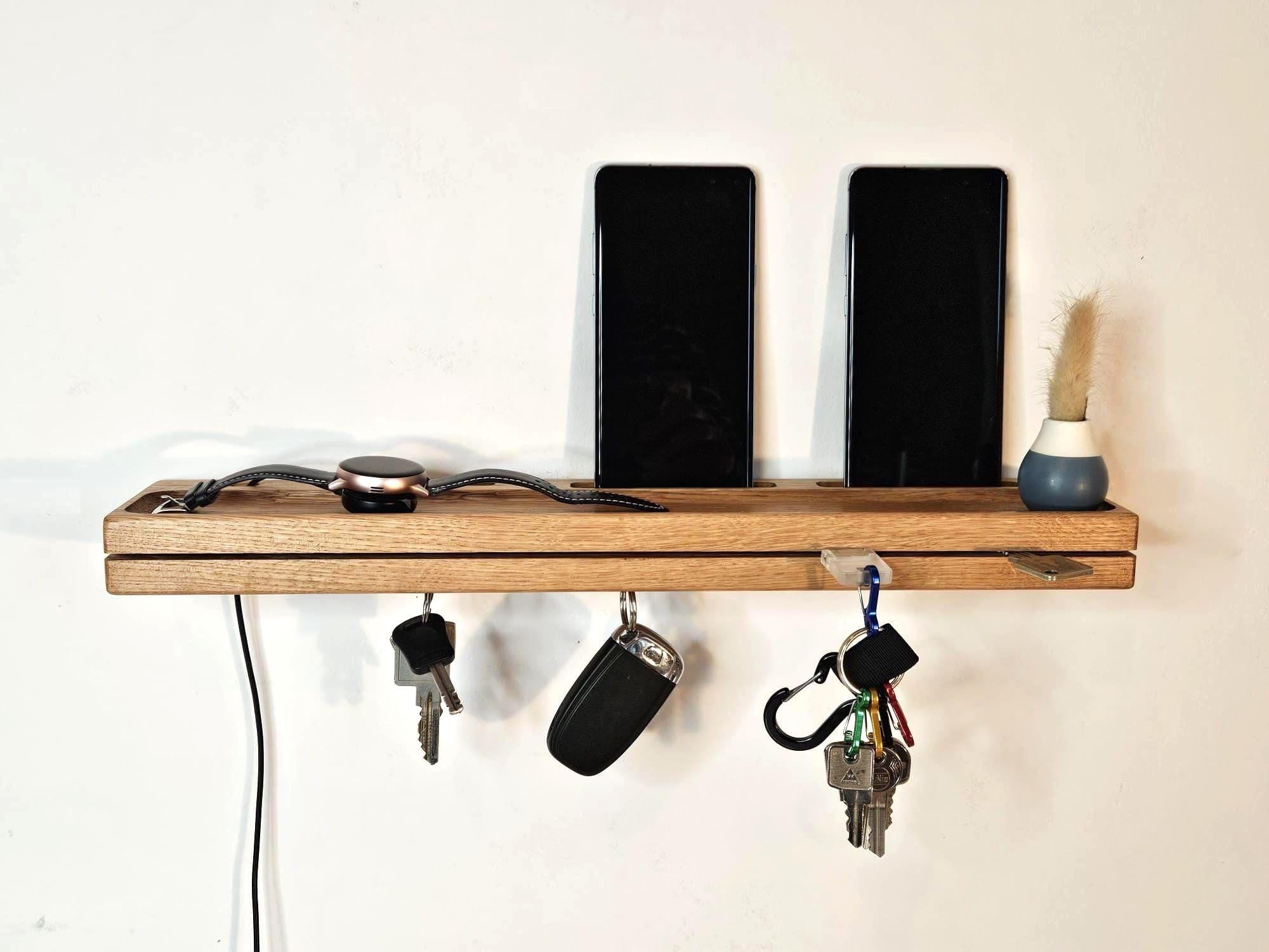 Stazione di ricarica per 2 smartphone con portachiavi integrato, 50 cm, supporto per cellulare in legno, stazione di ricarica