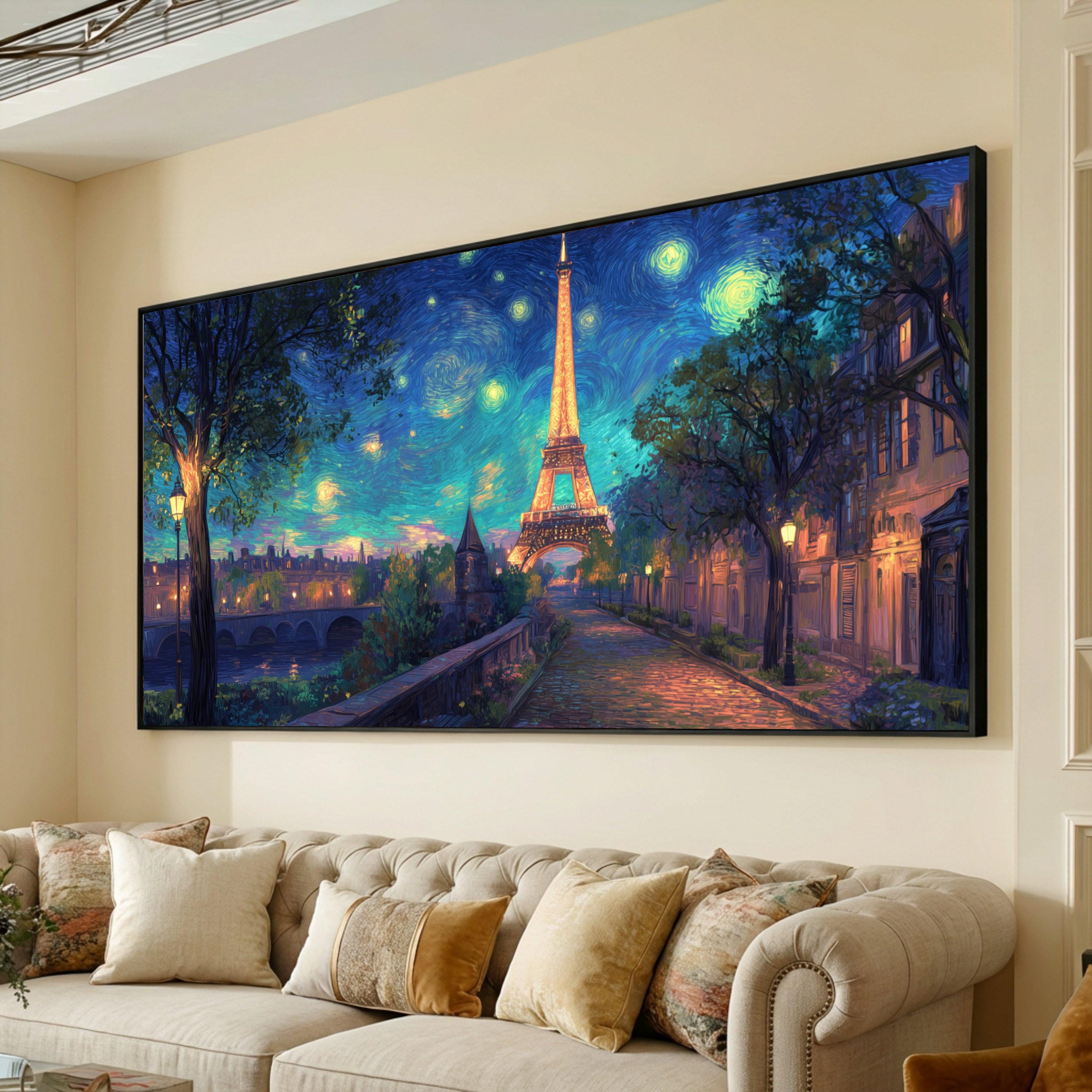 Quadro su tela con vista di Parigi di notte stellata, quadro murale con la Torre Eiffel, quadro su tela con paesaggio urbano impressionista, quadro mu