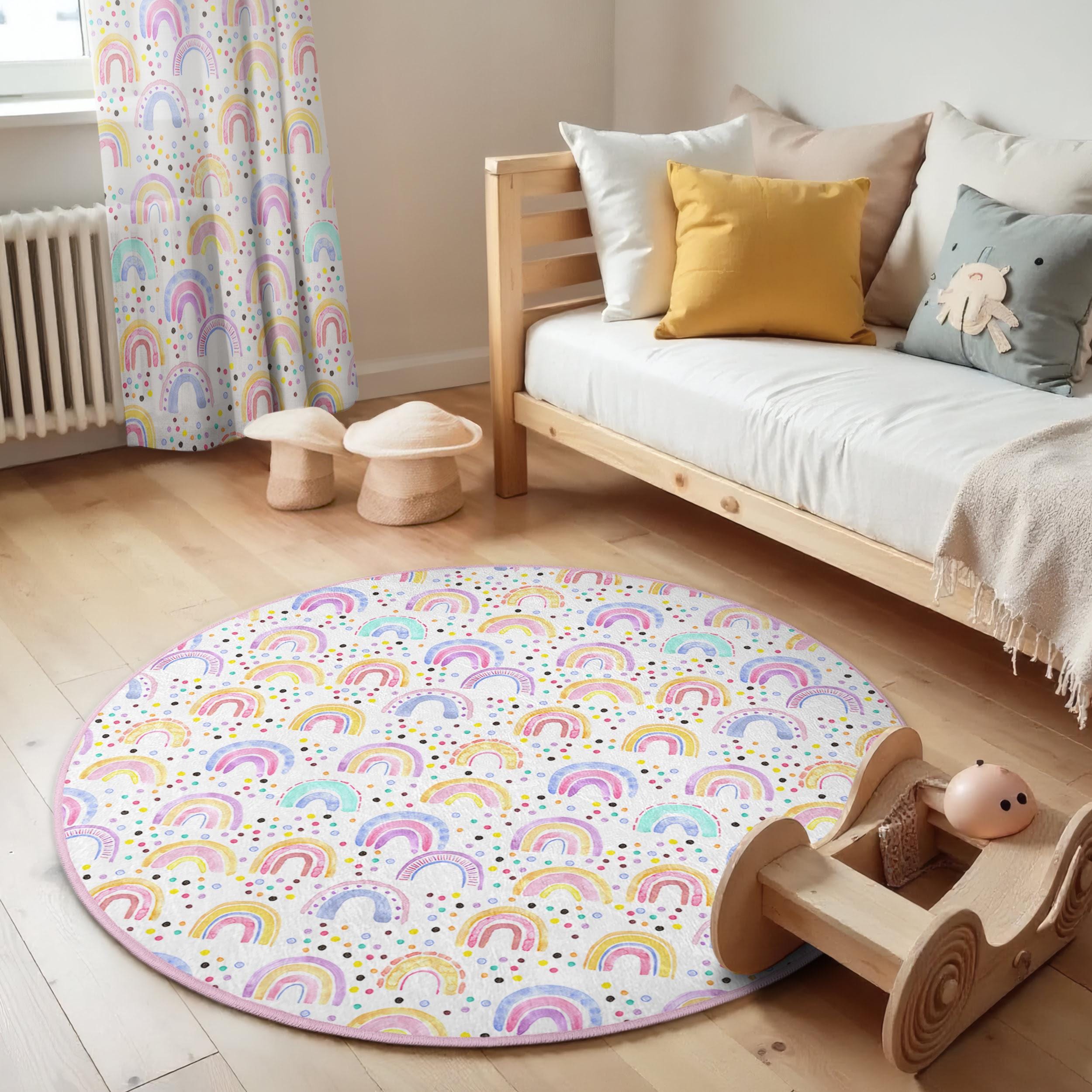 Regenbogen Träume Kinderzimmer Rund Teppich - Kurvige Bögen Rosa Punkte Oval Teppich - Bunte Kinderzimmer Dekor - Spielzimmer Matte - Pastell Regenbog