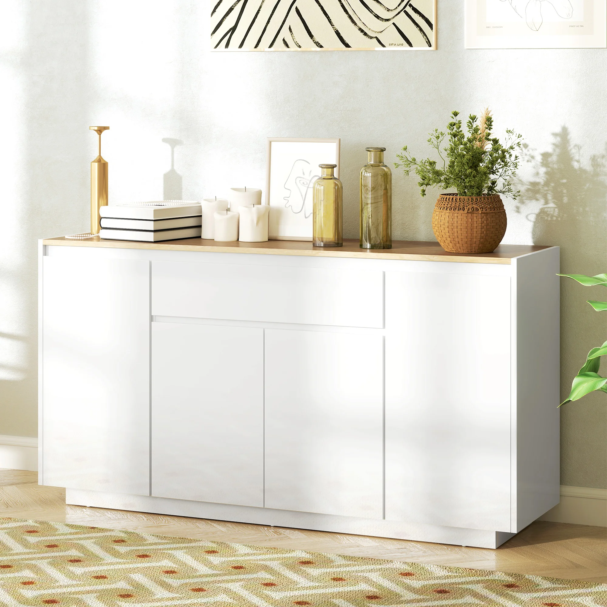 HOMCOM Credenza Cucina con 3 Armadietti a 4 Ante, Mobile Cucina Moderna con Cassetto, Ripiano Regolabile e Ante Soft-Close, Madia in Legno MDF per Soggiorno, Sala da Pranzo, 140x40x75 cm, Bianco