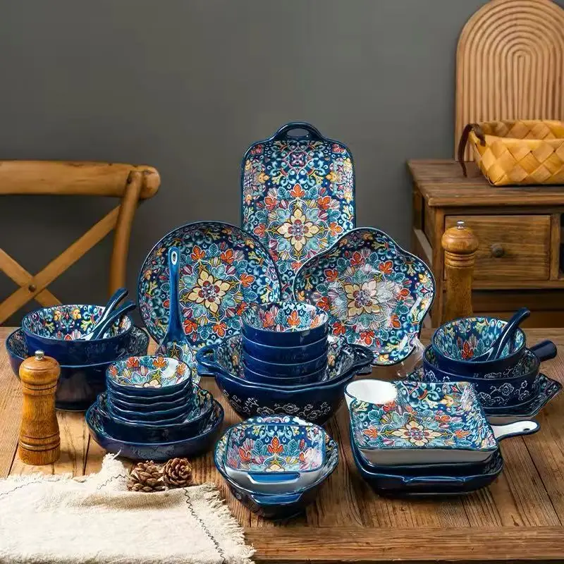 Bohemia Ceramic Rice Bowl Serving Plate Creative Ceramic Cutlery Soup Noodle Bowl Household Handle Bowl Sauce Dish