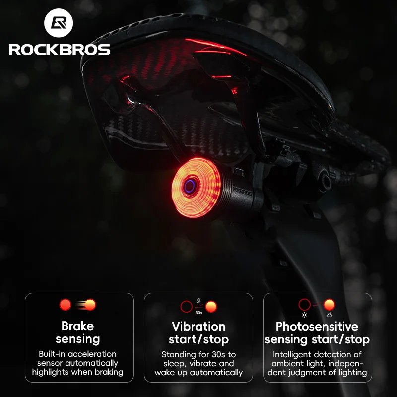 ROCKBROS Luce di rilevamento del freno automatico intelligente per bicicletta LED impermeabile USB C Ricarica Fanale posteriore per bicicletta Accessori per luci posteriori per bici Q0