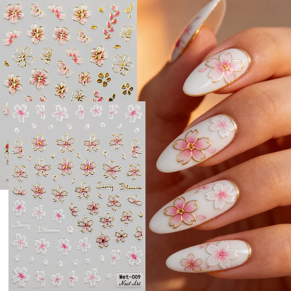 1-2 pezzi di adesivi 3D per nail art con fiori di ciliegio e linea dorata, fiori di pesco primaverili, margherite, foglie dorate, decorazioni per unghie fai da te.