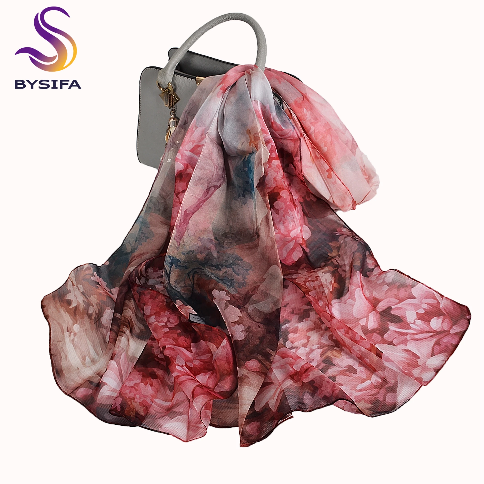 [BYSIFA] Sciarpa da donna in chiffon di pura seta Fiore di ciliegio Design floreale Sciarpa lunga in scialle di seta 100% Sciarpe di seta rosa viola Echarpes