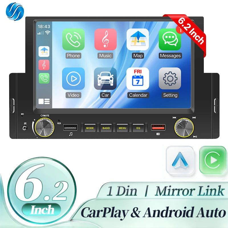 HIPPCRON 1Din 6,2-Zoll-Radio-Multimedia-Video-MP5-Player mit Carplay, Android Auto, universellem FM, Bluetooth, HD-Touchscreen, schnellem Laden und zwei USB-Anschlüssen Image