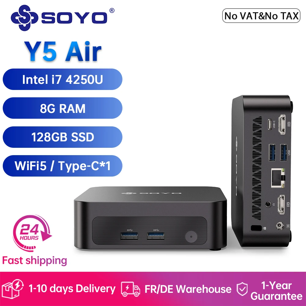 SOYO Mini-PC Y5 Air Intel i5 4250U CPU mit 8 GB RAM, 128 GB M.2 SSD, Mini-Desktop-Computer, Dual 4K-Display, WiFi 5, BT4.2, USB-C