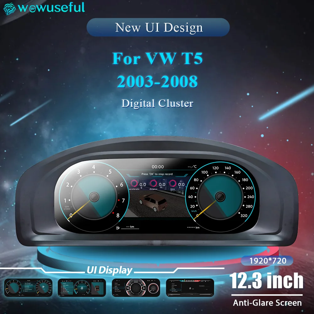 12,3'' Wowuseful Digitales Armaturenbrett für VW T5 2003-2008 Virtuelles Instrumentenpanel Cockpit Image