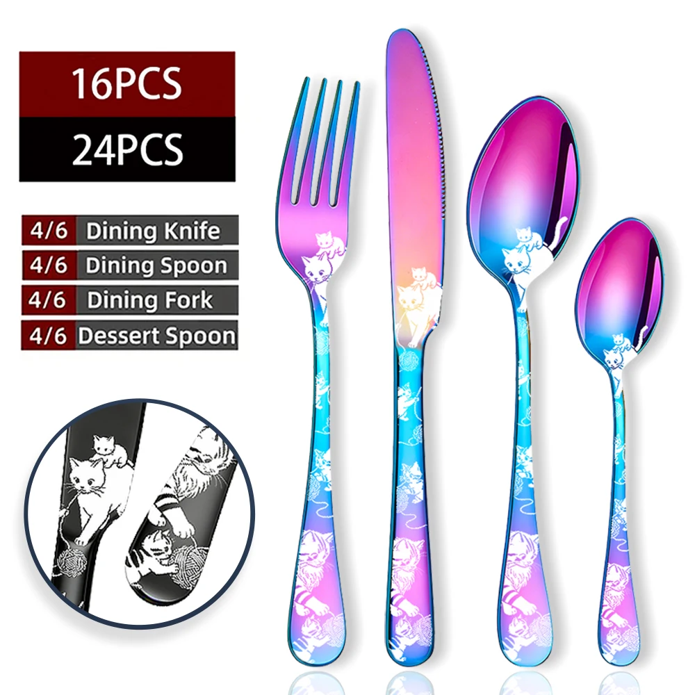 16/24-teiliges Katzenmotiv Graviertes Edelstahl-Besteckset Wiederverwendbare Messer Gabeln Löffel für Steak Abendessen Zuhause Büro Camping Urlaub Geschenk Image