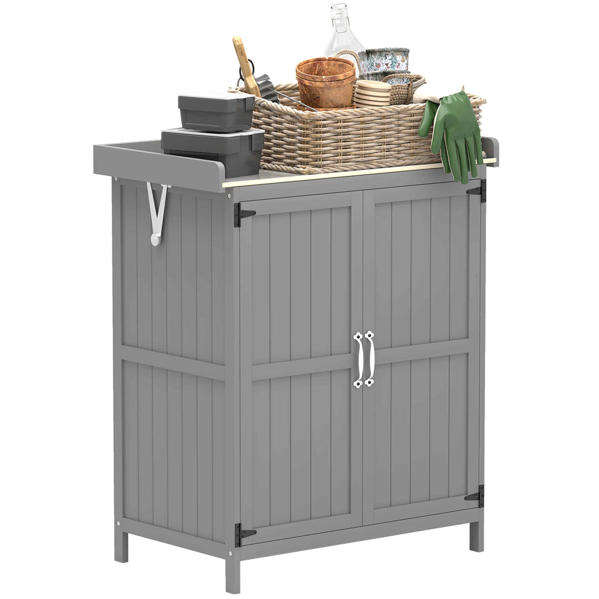 Outsunny Armoire de jardin en bois avec 2 portes et étagère, abri de jardin toit à charnières dessus en acier inoxydable, table de rempotage, table de jardinage pour terrasse , 74 x 43 x 88 cm, gris