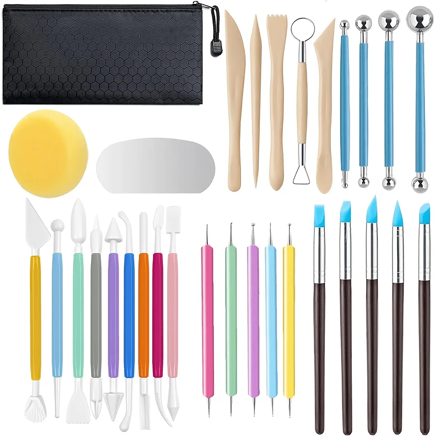 30 outils pour l'argile, kit d'outils de poterie, outils pour l'argile auto-durcissante, outils de pointillage pour l'argile polymère, outils de sculpture, de modelage et de façonnage en céramique