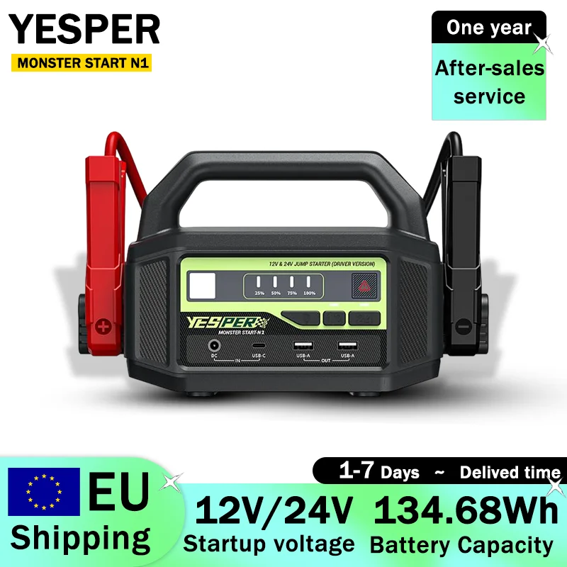 YESPER MONSTER START N1 Démarreur de voiture portable (12V/24V, 134,68Wh, 36400mAh, courant de crête 6000A) – Équipé d
