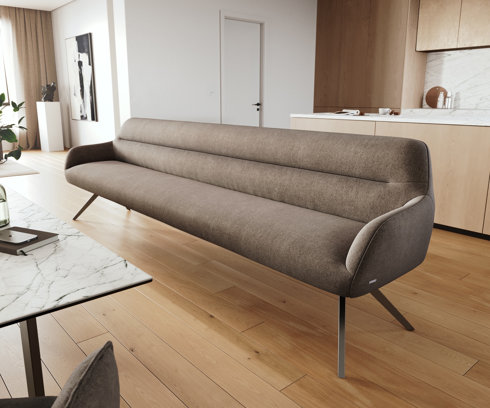 DELIFE Esszimmerbank Taya-Flex 300 cm Strukturstoff Soft Taupe Kreuzgestell kantig Graphit Taschenfederkern, Bänke