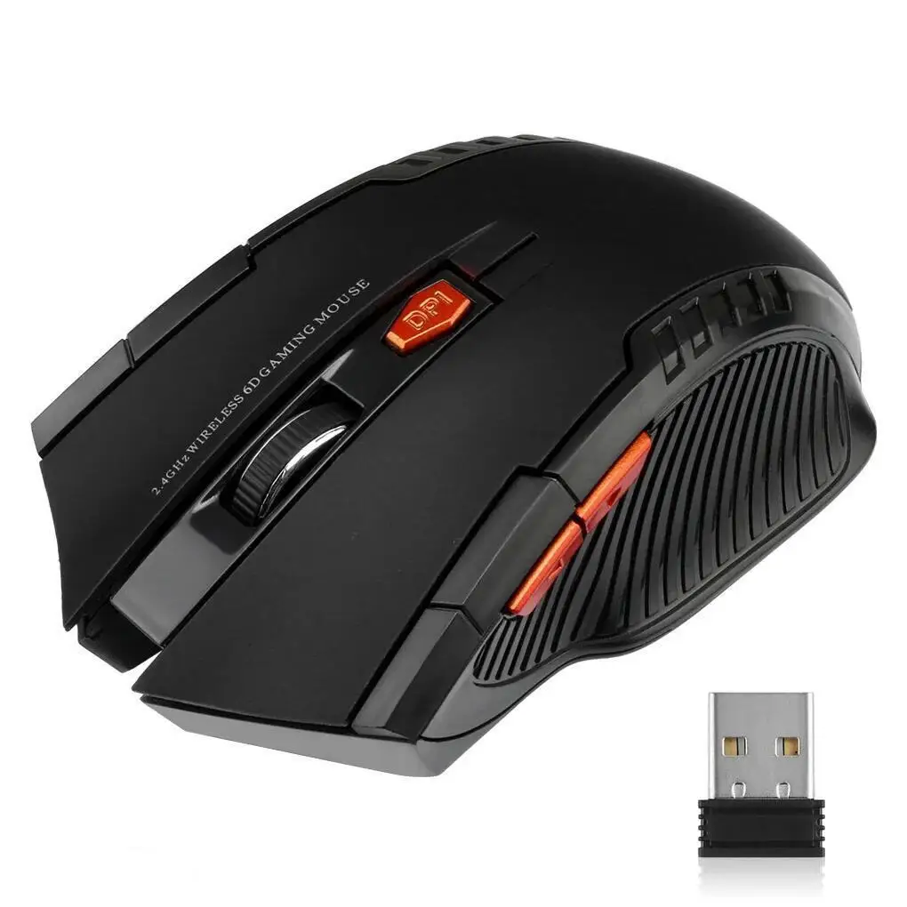 Mouse nero wireless 2.4G Mouse ottico da 1600 DPI Mouse da gioco per computer Mouse wireless a 6 pulsanti con ricevitore USB