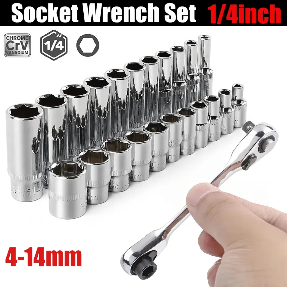 Set di bussole profonde da 1/4 pollici Set di bussole corte esagonali a 6 punti Chiave a cricchetto Chiave a bussola a cricchetto con azionamento da 72 denti