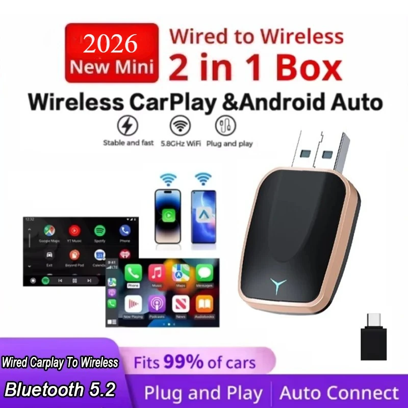 NEU 2-in-1 Kabelloses Carplay AI Box Android Auto Plug & Play 2026 5G WLAN für iPhone Android-Telefon Kabelgebundenes Carplay zu Kabellosem Image