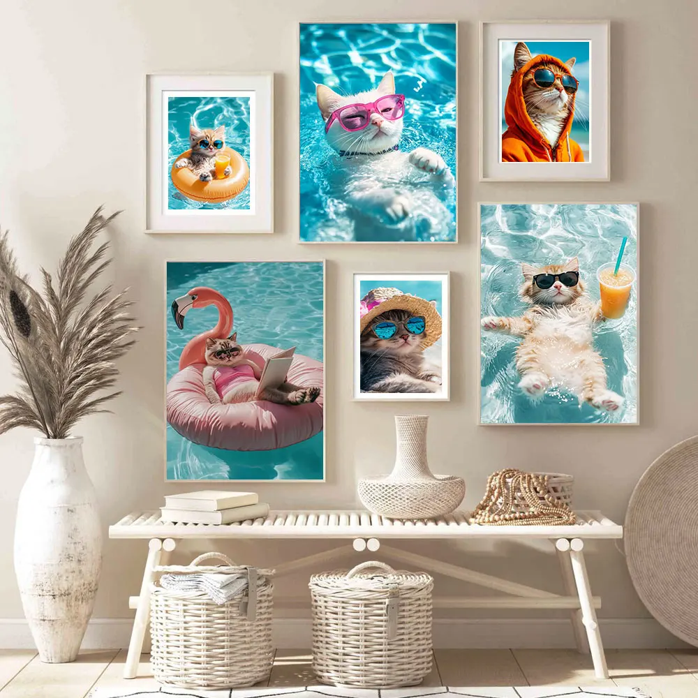 Ein lustiges Poster mit einem schwimmenden und trinkenden Katzenmotiv, Leinwanddruck, für Zimmer, Zuhause, Küche, Bar, Café, Wanddekoration, Kinderzimmerdekoration Image