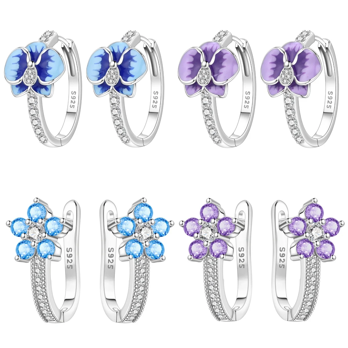 Orstarry S925 Sterling Silber Ohrringe, exquisite Blumen-Ohrringe mit blauem Lotus und lila Orchidee für Frauen, Geburtstagsgeschenk, Silberschmuck ﻿ ﻿