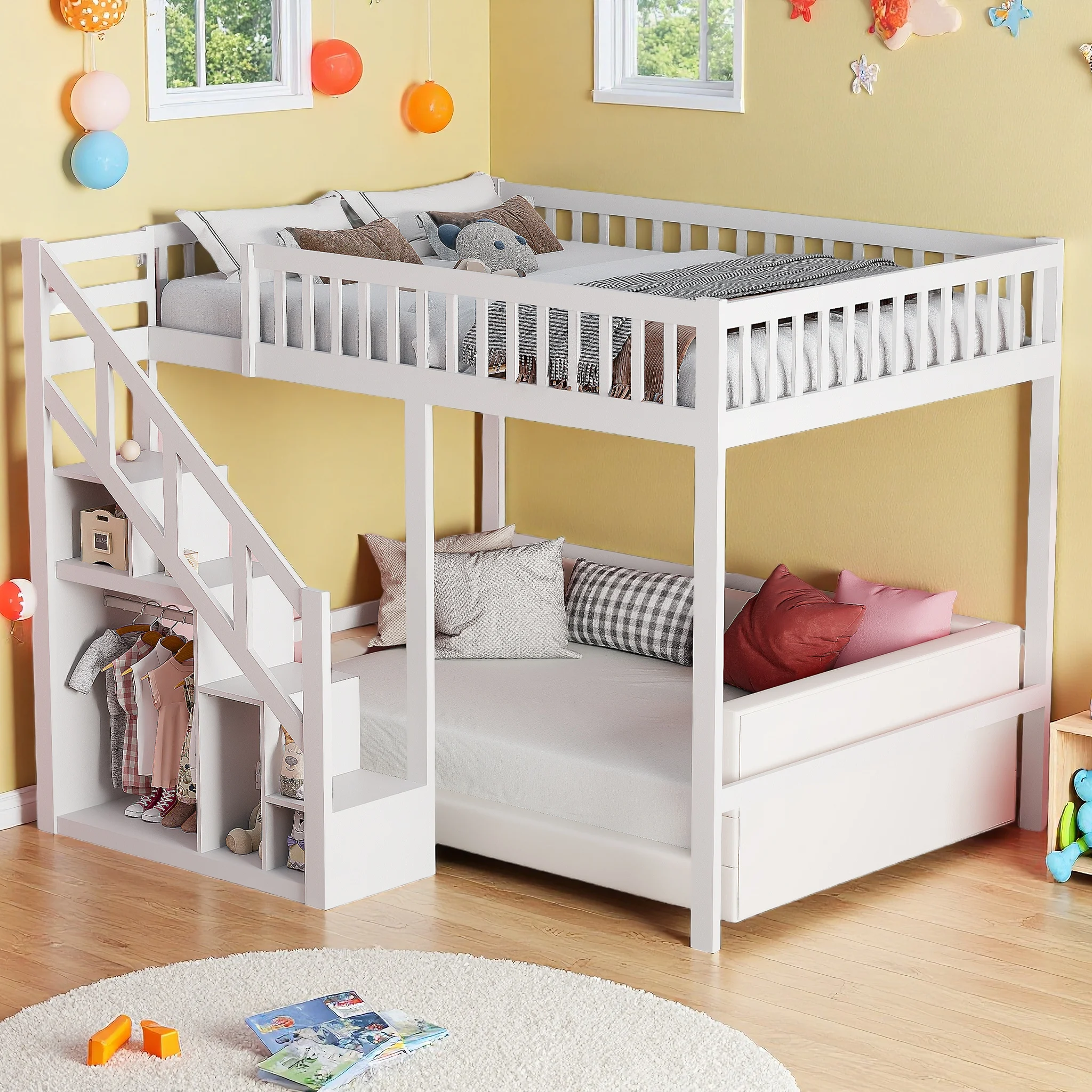 Superaly 140x200cm Etagenbett, Kinderbett, Jugendbett mit Aufbewahrungsregal, mit Sicherheitsgeländer und Treppe, Weiß