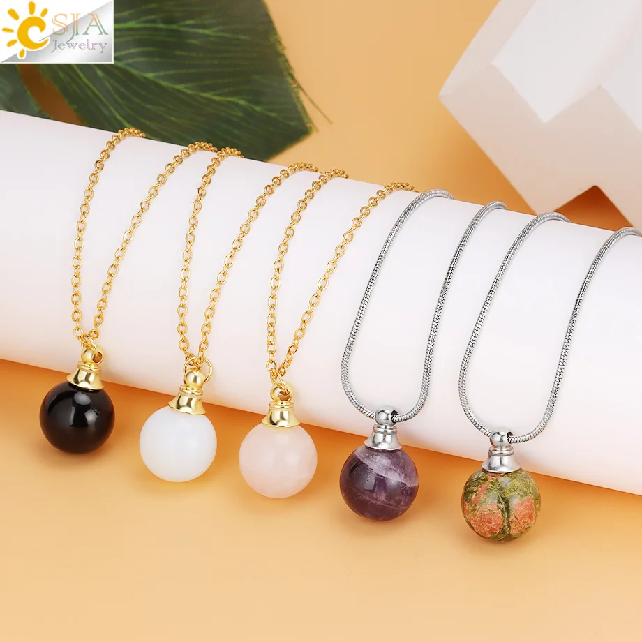 CSJA Naturstein-Parfüm-Halskette Runder Kristallanhänger Reiki Ätherisches Öl Diffusor-Flasche Charm-Halsketten für Männer und Frauen H513 Image