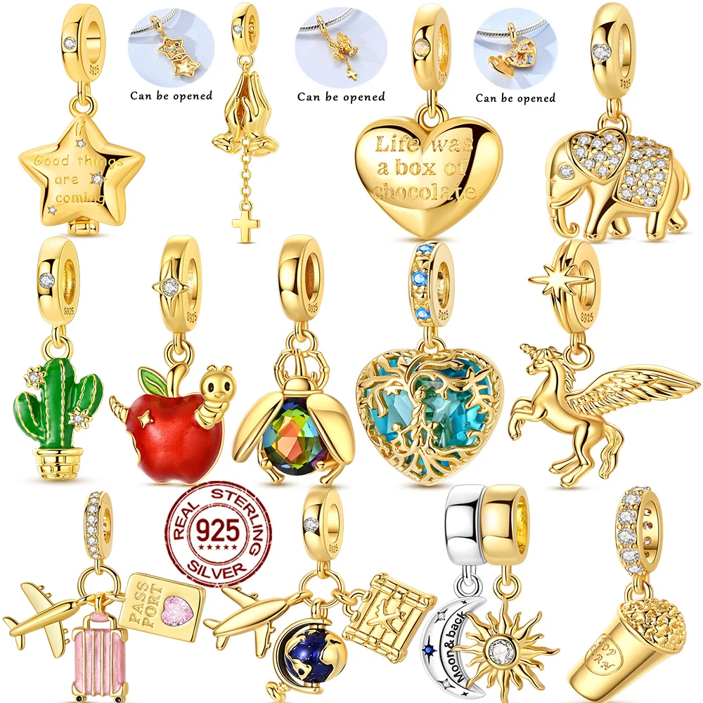 Heißer Verkauf: 925 Sterling Silber Gold Charm-Anhänger Flugzeug Elefant Herz Box Charm Passend für Original-Armband Damen DIY Schmuck Geschenk Image