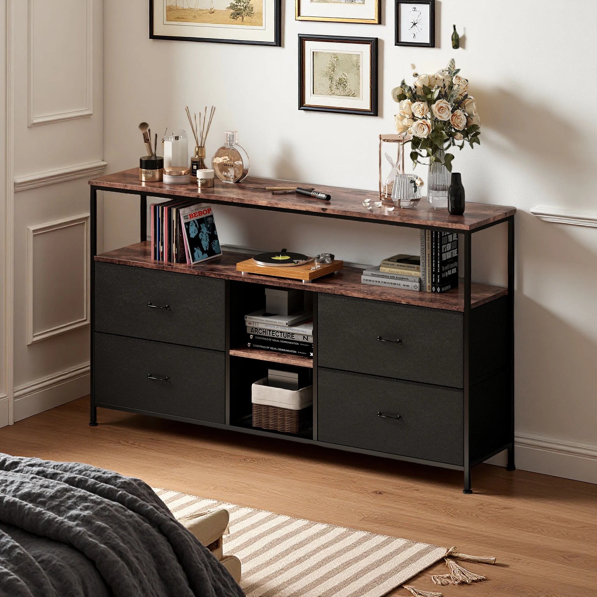 Comanlia TV-Schrank mit Stauraum, LED-Lichtleiste, Lowboard für Fernseher mit 4 Stoffschubladen, TV-Board und TV-Tisch, 108cm