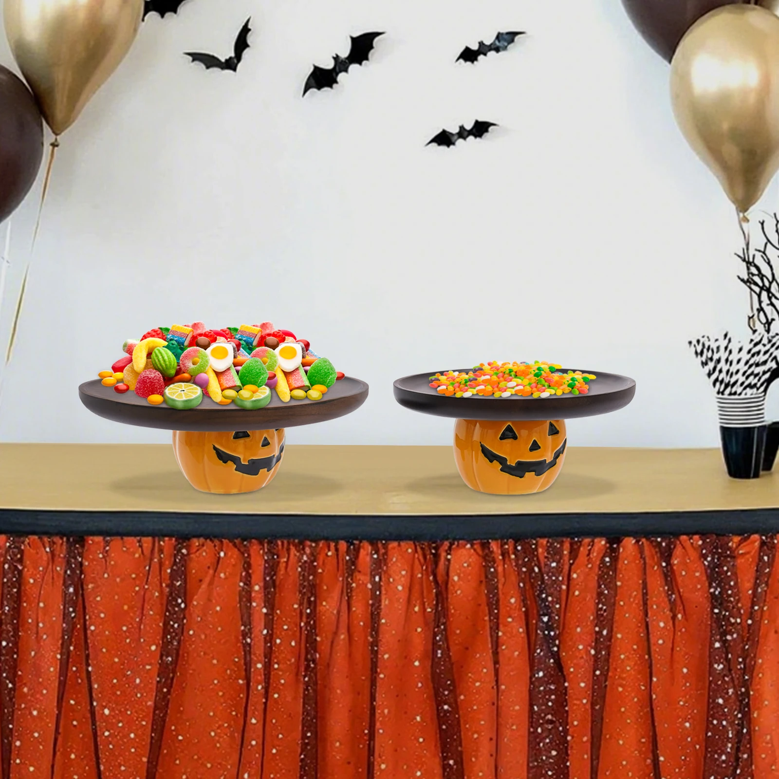 2er-Pack Kürbis-Kuchenständer-Set, Halloween-Desserttablett aus Akazienholz, 8,5" und 10" Kürbisförmige Servierplatten Image