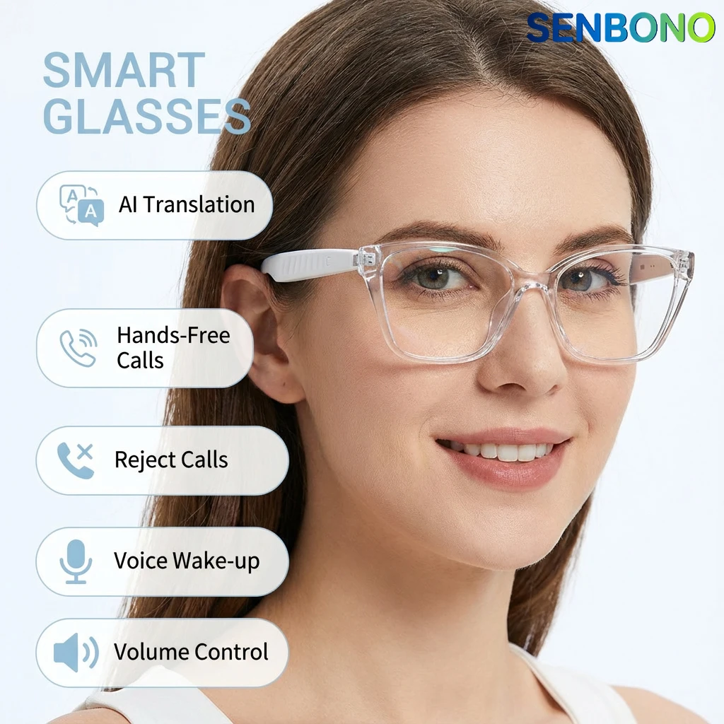 SENBONO KI-Übersetzer Audio-Smart-Brille für Frauen BT-Anruf Musikwiedergabe Kamerasteuerung Sonnenbrille Modische Smart-Brille für Männer Image