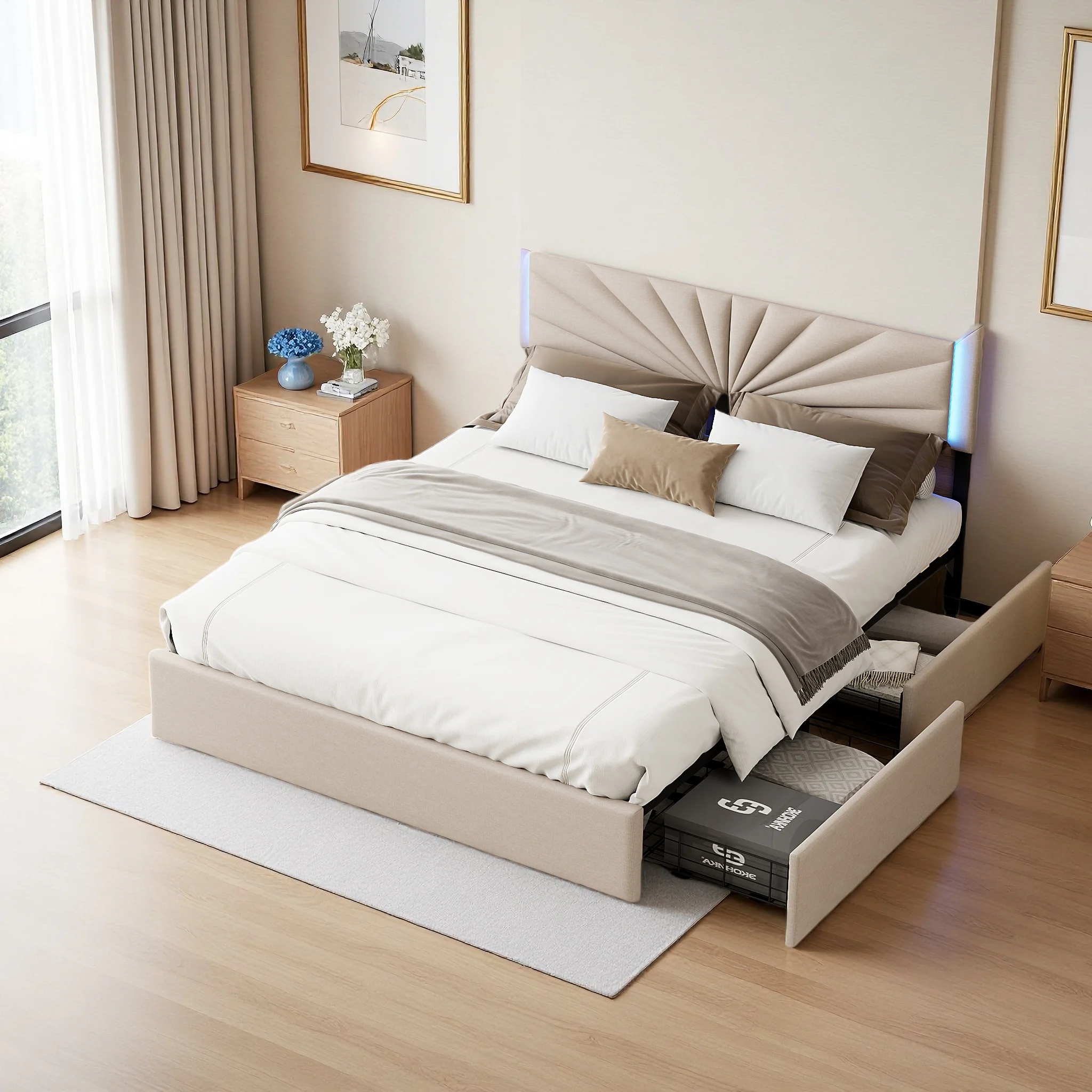Anajqaqia 160x200cm Polsterbett mit LED-Beleuchtung, Doppelbett mit 4 Schubladen, Stauraumbett, für modernes Schlafzimmer, Leinen, Beige Image