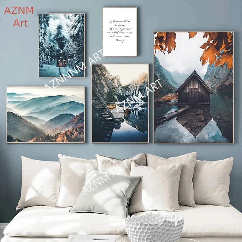 Nordic Wald Schnee Landschaft Leinwand Malerei Poster und Drucke Tier Hirsch See Berg Natur Retro Zug Minimalistischen Bild