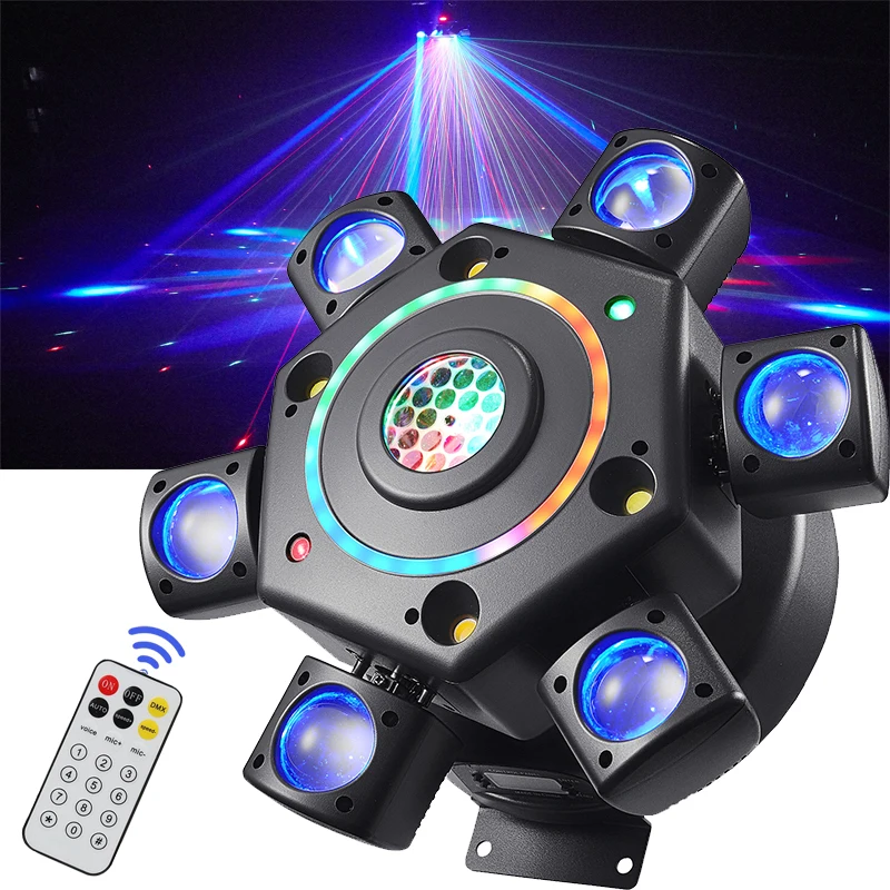 Sechsarmiger LED-Beam Moving Head Scheinwerfer mit Laser-Stroboskop, rotierender Magic Ball, multifunktionales DMX Disco DJ Party Bar Bühnenlicht Image