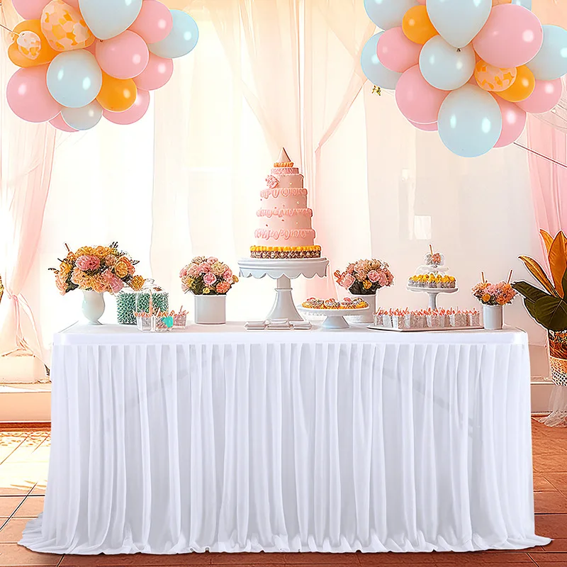 Rechteckige Passform-Tischdecke aus Chiffon mit Plissee-Rock für Hochzeiten, Geburtstage, Kuchentische, Hotel- und Ausstellungsdekoration Image