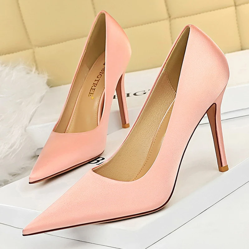 Damen Neue Elegante Rosa 10cm Hohe Absätze Pumps Weibliche Glamouröse Satin Bankett-Kleid Stiletto-Schuhe Damen Schlichte Spitze Schuhe