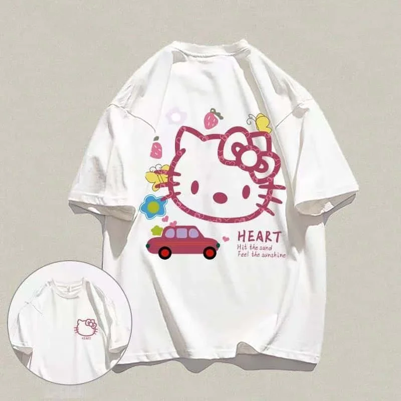 Sanrio 2026 Summer Comic Form Hello Kitty Image 100 % Baumwolle bedrucktes Freizeit-T-Shirt für Erwachsene und Kinder, Eltern-Kind-Oberteil, Homewear, Y2k. Image