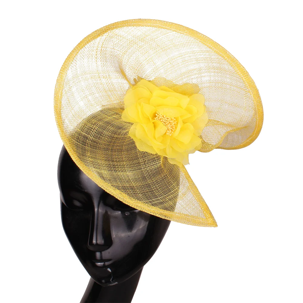 Mode gelbe Hüte Sinamay Fascinators Chapeau elegante Frauen Haar Fedora Zubehör Damen Party Tee Rennen Kopf bedeckung mit Clips Image
