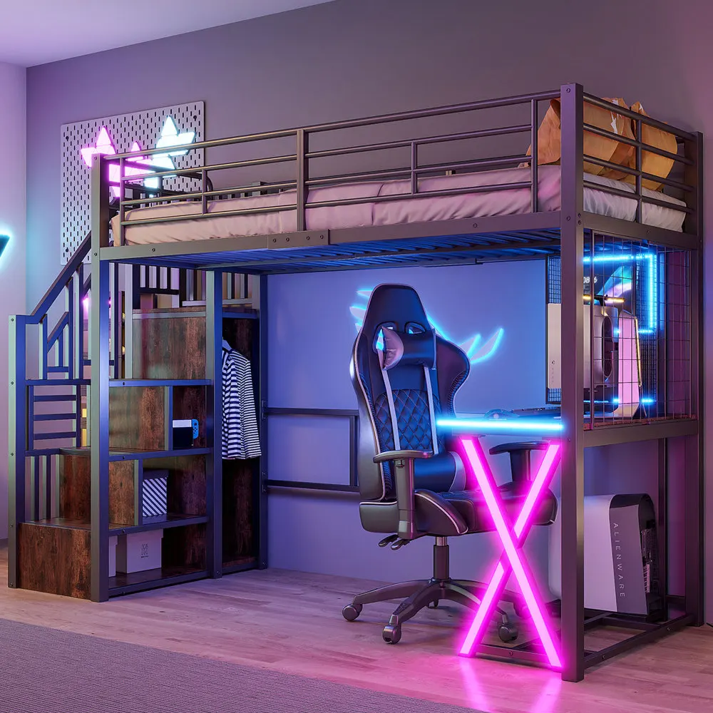 Multifunktionales 90x200cm Hochbett mit LED-Beleuchtung, Schreibtisch, Kleiderschrank & Ablagefächern, Platzsparendes Jugendbett