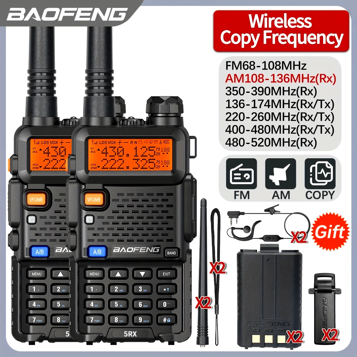 2er-Pack BAOFENG UV5R 5RX verbessertes Dualband-Amateurfunkgerät mit Luftbandfrequenzkopie für Camping, große Reichweite, wiederaufladbar, tragbar Image