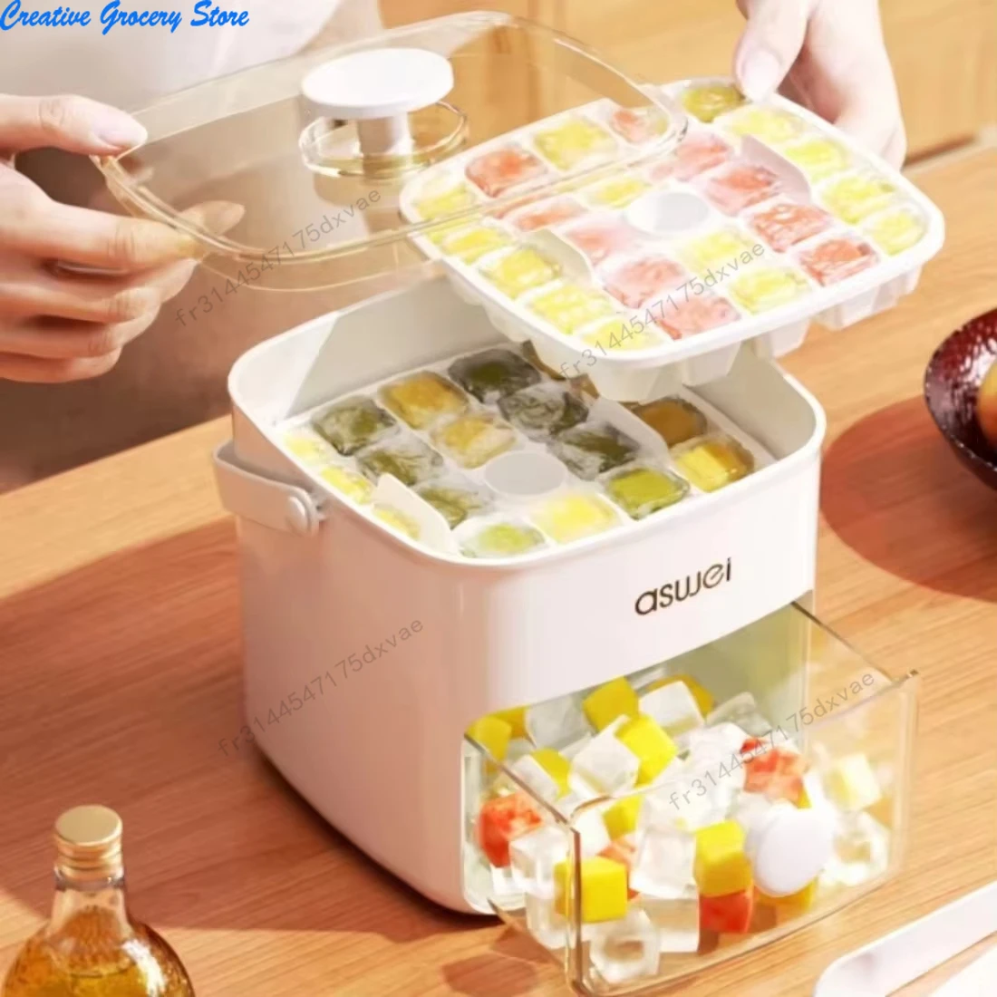 Eiswürfelform mit Deckel, leicht zu entnehmende Eiswürfel durch Druckknopf, Silikon-Eisform mit 48 Fächern, große Kapazität, stapelbar, für Kühlschrank, Haushalt und Küche Image